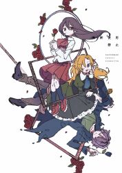  1boy 2girls ;d ascot black_shoes black_socks blonde_hair blue_coat blue_eyes blue_flower blue_rose brown_hair closed_eyes closed_mouth coat collared_shirt commentary_request dot_nose double-parted_bangs dress flower frilled_dress frills full_body garry_(ib) green_dress hair_between_eyes hazime highres holding holding_flower ib_(ib) ib_(kouri) juliet_sleeves kneehighs long_hair long_sleeves mary_(ib) multiple_girls one_eye_closed open_clothes open_coat open_mouth pleated_skirt puffy_sleeves purple_hair red_ascot red_eyes red_flower red_rose red_shoes red_skirt rose shirt shoes short_hair simple_background skirt smile socks watermark white_background white_shirt yellow_flower yellow_rose 