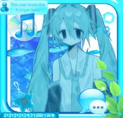  1girl commentary detached_sleeves fish frutiger_aero hair_between_eyes hatsune_miku imessage itunes leaf looking_at_viewer media_player_interface necktie neopets shirt sleeveless sleeveless_shirt solo twintails vocaloid yatsu_(dolkz1455y75969) 