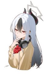  1girl absurdres black_choker black_hair blue_archive bow bowtie cardigan choker commentary_request cropped_torso demon_horns ear_piercing gradient_hair grey_halo halo headphones headphones_around_neck highres horns kayoko_(blue_archive) long_hair long_sleeves looking_at_viewer multicolored_hair parted_lips piercing red_bow red_bowtie red_eyes revebw shirt signature simple_background solo streaked_hair two-tone_hair white_background white_hair white_shirt yellow_cardigan 