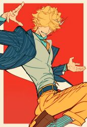  1boy belphegor_(reborn) belt blonde_hair blue_belt blue_jacket border brown_shoes commentary covered_eyes dress_shoes grin hair_over_eyes highres jacket katekyo_hitman_reborn male_focus outside_border oxygen_0421 pants pinstripe_jacket pinstripe_pattern pinstripe_socks red_background shirt shirt_tucked_in shoes smile socks solo tiara two-sided_fabric two-sided_jacket untranslatable_commentary white_border white_jacket white_shirt yellow_pants 