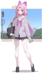  !? 1girl absurdres artist_name bag bag_charm black_bag black_choker black_shoes black_skirt black_trim blue_sky blush bow buttons cardigan cellphone character_charm charm_(object) choker commentary_request curtained_hair day forehead forehead_jewel fu_xuan_(honkai:_star_rail) full_body grey_cardigan hair_bow hair_intakes hand_up highres holding holding_phone holding_strap honkai:_star_rail honkai_(series) legs loafers long_hair looking_at_viewer miniskirt mountain open_mouth outdoors parted_bangs peanut_mouth phone pink_hair pleated_skirt purple_bow qingque_(honkai:_star_rail) sailor_collar school_uniform shoes shoulder_bag simple_background skirt sky sleeves_past_wrists smartphone solo standing thighs traffic_light user_20578587 very_long_hair white_background white_sailor_collar yellow_eyes 