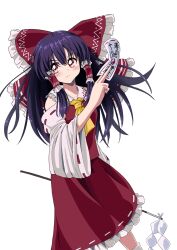  1girl ascot between_fingers bow commentary detached_sleeves frilled_bow frilled_hair_tubes frilled_skirt frills gohei hair_bow hair_tubes hakurei_reimu highres holding holding_gohei holding_ofuda long_hair ofuda ofuda_between_fingers qhon_(9pon) red_bow red_eyes red_skirt ribbon-trimmed_skirt ribbon-trimmed_sleeves ribbon_trim simple_background skirt skirt_set solo touhou white_background yellow_ascot 