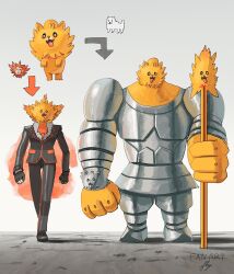  annoying_dog armor arrow_(symbol) beard black_gloves bright_pupils colored_tips cosplay dog facial_hair fangs fingerless_gloves flyaspring4 fur-trimmed_jacket fur_trim gloves greater_dog greater_dog_(cosplay) highres jacket long_sleeves looking_at_viewer lysandre_(pokemon) multicolored_hair open_mouth orange_fur orange_hair pants pokemon pokemon_(creature) pokemon_focus pombon shirt simple_background smile tongue tongue_out utdr_(toby_fox) weapon white_background white_pupils 