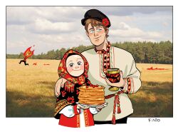  3boys a_knight_of_the_seven_kingdoms a_song_of_ice_and_fire aegon_v_targaryen aerion_targaryen arm_around_shoulder artist_name black_hat black_pants blue_eyes blush border brown_hair burning coat cup duncan_the_tall findoworld food hat headscarf height_difference highres holding holding_cup male_focus multiple_boys pancake pancake_stack pants photo_background red_coat running shirt short_hair slavic_clothes smile white_border white_shirt 