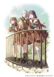  4girls aqua_neckerchief black_choker black_gloves black_shoes black_socks border brown_dress brown_hair chigusa_minori choker colored_inner_hair commentary_request copyright_notice dress faux_figurine fujishima_megumi full_body gloves green_eyes green_hair grey_hair grin hair_down hair_ornament hairclip half_gloves hasu_no_daisankaku hasu_no_sora_school_uniform highres kneehighs link!_like!_love_live! loafers long_hair long_sleeves love_live! medium_dress multicolored_hair multiple_girls neckerchief o-ring o-ring_choker official_art ogami_sachi open_mouth otomune_kozue outdoors parallel_hairclips pink_hair pleated_dress purple_hair railing red_eyes sailor_collar sailor_dress school_uniform shoes short_hair shouting shouting_with_hands smile socks standing two_side_up violet_eyes virtual_youtuber white_border white_sailor_collar white_socks winter_uniform yellow_neckerchief yugiri_tsuzuri 