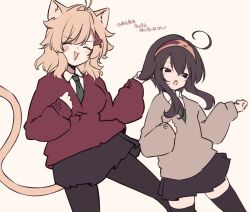  2girls :d ^_^ animal_ear_fluff animal_ears antenna_hair black_pantyhose black_skirt black_thighhighs brown_background brown_hair brown_hairband brown_sweater cat_ears cat_girl cat_tail closed_eyes collared_shirt commentary_request dancing dress green_necktie hair_between_eyes hair_intakes hair_ornament hairband long_hair long_sleeves multiple_girls natsuki_teru necktie nekomiya_ryuu original pantyhose pleated_dress puffy_long_sleeves puffy_sleeves red_sweater school_uniform shikibe_ayaka shirt simple_background skirt sleeves_past_wrists small_sweatdrop smile sweat sweater tail thigh-highs translation_request white_shirt 