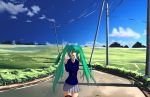  absurdres blue_eyes grass green_hair hatsune_miku highres long_hair necktie open_mouth pleated_skirt school_uniform sky street thigh_highs twintails vocaloid wink zettai_ryouiki 