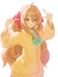 1girl ahoge arms_up blue_eyes blue_sailor_collar bow bowtie brown_hair cardigan double_v from_side green_bow green_bowtie hair_between_eyes hair_ribbon hashtag-only_commentary highres long_hair long_sleeves looking_at_viewer neuro-sama open_mouth red_ribbon ribbon sailor_collar simple_background sofipoy0 solo two_side_up upper_body v vedal_ai virtual_youtuber white_background yellow_cardigan 