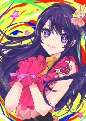  1girl artist_name bare_arms bare_shoulders belt black_belt bow bright_pupils brooch colorful_background commentary_request eyelashes frilled_gloves frills glove_bow gloves grin hair_ornament hands_up heart heart_brooch highres hoshino_ai idol_clothes jewelry jun_(rellik_&amp;_redrum) long_hair looking_at_viewer one_side_up oshi_no_ko own_hands_together pink_gloves purple_bow purple_hair purple_pupils rabbit_hair_ornament sleeveless smile solo star-shaped_pupils star_(symbol) star_hair_ornament star_symbol_background swept_bangs symbol-shaped_pupils upper_body violet_eyes winged_heart wrist_bow yellow_background 