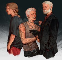  3boys a_knight_of_the_seven_kingdoms a_song_of_ice_and_fire absurdres aerion_targaryen arm_tattoo bare_shoulders beard black_gloves black_jacket black_pants black_shirt brothers brown_hair chain chain_necklace cigarette closed_mouth collared_shirt cowboy_shot crazytom cropped_legs crossed_arms daeron_targaryen earrings eyebrow_piercing face_piercing facial_hair father_and_son full_body gloves grey_tank_top half-closed_eyes half_updo hand_in_pocket highres holding holding_cigarette jacket jewelry lip_piercing maekar_targaryen male_focus mature_male medium_hair multiple_boys multiple_earrings multiple_rings necklace nose_piercing pants parted_lips piercing print_tank_top red_pants red_shirt ring shirt short_hair siblings sigil smoking standing sweater t-shirt tank_top tattoo tongue tongue_out upper_body white_hair 