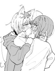  2girls animal_ears blush collar commentary covering_another's_mouth dog_ears dog_girl dog_tail girls_band_cry greyscale hand_on_another's_neck highres hood hoodie iseri_nina kawaragi_momoka looking_at_another monochrome multicolored_hair multiple_girls nora_dog00 roots_(hair) short_hair tail untranslatable_commentary yuri 