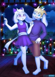  1boy 1girl 2022 2d aged_down animal_ears anthro aqua_eyes artist_name asgore_dreemurr barefoot blonde_hair blush body_fur bow brown_shorts clouds commentary commission couple cyaneworks dancing digital_media dress droopy_ears duo english_commentary fangs female floppy_ears furry furry_female furry_male furry_with_furry goat goat_boy goat_ears goat_girl goat_horns hair_bow hetero horns long_sleeves male mammal monster monster_boy monster_girl night night_sky purple_bow purple_dress purple_ribbon purple_sweater ribbon short_hair shorts sky star_(symbol) string_of_light_bulbs sweater toriel undertale utdr_(toby_fox) violet_eyes white_fur white_horns white_ribbon 