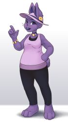  1girl 2021 2d animal_ears anthro barefoot black_pants body_fur breasts buck_teeth commentary deviantart_sample digital_media english_commentary eyelashes female female_only full_body furry furry_female gradient_background grey_background hand_on_own_hip hand_up hat highres image_sample index_finger_raised jewelry mammal nanobanana pants pink_hat pink_tank_top purple_fur rabbit rabbit_ears rabbit_girl rabbit_tail simple_background snowdin_shopkeeper solo standing tail tank_top teeth undertale utdr_(toby_fox) white_background 