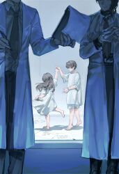  2boys 2girls absurdres barefoot black_pants bracelet brown_hair child coat dancing drawing_(object) dress faceless faceless_female faceless_male glasses gloves gregor_(project_moon) hermann_(project_moon) highres holding holding_hands holding_pen indoors jewelry kkolo432271 lab_coat limbus_company long_hair looking_at_another multiple_boys multiple_girls necktie pants paper pen project_moon scientist shirt short_hair shorts smile white_coat white_dress white_shirt white_shorts 