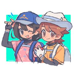  1boy 1girl :d backpack bag baseball_cap black_bodysuit black_eyes black_gloves black_hair blue_bag blue_hat bodysuit brown_eyes brown_hair female_protagonist_(pokemon_ww) fingerless_gloves gloves green_background hair_between_eyes hat hat_tip holding holding_poke_ball jen_(aaasylum) male_protagonist_(pokemon_ww) medium_hair one_eye_closed pink_shirt poke_ball pokemon pokemon_ww shirt smile twitter_username upper_body white_bag white_gloves white_hat yellow_shirt 