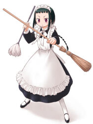  1girl apron back_bow black_dress black_hair black_shoes bow bowtie broom dress duster enmaided feather_duster frilled_apron frills full_body hands_up holding holding_broom holding_duster legs_apart maid my-hime okuzaki_akira pantyhose parted_lips red_eyes shoes short_hair sidelocks simple_background small_sweatdrop solo standing v-shaped_eyebrows white_apron white_background white_bow white_bowtie white_pantyhose yuuki_shin'ichi 