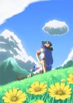  blue_hair cloud clouds d@i eating field flower food fruit hat hinanawi_tenshi long_hair peach red_eyes sitting sky solo touhou 