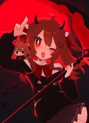  1girl absurdres ahoge arm_up badge black_cardigan black_horns black_tail black_thighhighs bow bowtie broken_heart broken_heart_hair_ornament brown_hair button_badge cardigan commentary_request commission cowboy_shot demon_horns demon_tail doll dress_shirt evil_neuro-sama fang grey_shirt hair_between_eyes hair_ornament hair_ribbon heart highres holding holding_scythe horns lingyou long_hair long_sleeves miniskirt off-shoulder_cardigan one_eye_closed open_mouth pleated_skirt red_bow red_bowtie red_eyes red_ribbon ribbon scythe shirt skirt skull_hair_ornament solo tail thigh-highs two_side_up vedal_ai virtual_youtuber white_shirt 