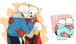  ! 2017 2019 2boys 2d armor artist_name artist_progress black_shorts blue_jacket blue_shorts brothers cape closed_eyes commentary dated digital_media duo english_commentary gloves grey_hood heart hollow_eyes hood hood_down hooded_jacket hug humanoid incest jacket kiss male male_focus male_only monster monster_boy multiple_boys open_clothes open_jacket orange_background papyrus_(undertale) pink_background red_cape red_gloves redrawn sans_(undertale) shirt shorts siblings single_vertical_stripe skeleton spoken_exclamation_mark spoken_heart striped_shorts teeth undead undertale utdr_(toby_fox) veah3 vertical-striped_clothes vertical-striped_shorts white_armor white_background white_shirt white_stripes 