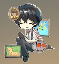  1boy animal bags_under_eyes black_hair branch character_request check_character closed_eyes collared_shirt crossed_bangs crow's_eye_view_(e.g.o) deformed dongbaek_(project_moon) double-parted_bangs e.g.o_(project_moon) full_body fuzziki gubo_(project_moon) hair_between_eyes highres holding holding_mirror jacket jacket_on_shoulders knees_up limbus_company male_focus mirror project_moon shirt short_hair sleeves_rolled_up smile solo_focus striped_clothes striped_jacket suspenders torn_clothes torn_jacket white_shirt yi_sang_(project_moon) 