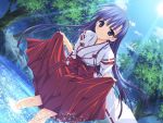  dutch_angle game_cg hakama hoshizora_e_kakaru_hashi japanese_clothes koumoto_madoka long_hair miko outdoors purple_eyes ryohka ryouka_(suzuya) skirt_hold solo sunbeam sunlight tree wading water 