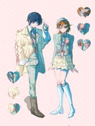  1boy 1girl alternate_costume black_ribbon blue_eyes blue_hair boots brown_boots brown_eyes brown_hair closed_mouth coat collar commentary_request digital_walkman earphones earphones_removed earrings flipped_hair frilled_collar frills full_body hair_ornament hair_over_one_eye hairclip hand_in_pocket hand_up hat heart heart_background highres holding holding_earphones jacket jewelry knees long_sleeves looking_at_viewer meronsha miniskirt mp3_player neck_ribbon necktie open_clothes open_coat pants persona persona_3 pink_background ribbon shirt short_hair skirt smile standing striped_clothes striped_jacket stud_earrings sweater takeba_yukari vertical-striped_clothes vertical-striped_jacket white_boots white_shirt wing_collar yellow_coat yellow_skirt yuuki_makoto_(persona_3) 
