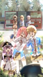  1other 6+girls aikawa_megumi asakura_karen_(heaven_burns_red) black_hair blonde_hair brown_hair commentary_request glasses green_eyes heaven_burns_red highres izumi_yuki_(heaven_burns_red) kayamori_ruka kunimi_tama long_hair low_twintails multiple_girls narby_(heaven_burns_red) pink_hair slime_(creature) toujou_tsukasa twintails vending_machine yukaida4 