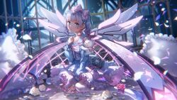  1girl between_legs birdcage blue_dress blue_ribbon blunt_bangs blunt_ends blush bow bowtie cage center_frills choker clenched_hand collarbone dress falling_petals floral_print floral_print_dress flower flower_choker flower_on_leg frilled_bow frilled_choker frilled_dress frilled_pillow frilled_sleeves frills full_body full_moon furrowed_brow green_eyes hair_bow hair_ribbon hand_between_legs hand_up heaven_burns_red highres indoors lolita_fashion long_sleeves looking_at_viewer mechanical_wings medium_hair moon night official_alternate_costume official_art outdoors pantyhose parted_lips petals petticoat pillow pink_bow pink_bowtie pink_choker pink_flower pink_rose print_dress ribbon rose shoes sidelighting sidelocks sitting solo stuffed_animal stuffed_toy sugawara_chie sugawara_chie_(fallen_innocence) teddy_bear twintails wariza wavy_hair white_flower white_pantyhose white_rose white_shoes wings 