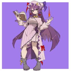  1girl adapted_costume anderson_m0311 book boots bow bowtie breasts commentary crescent crescent_hat_ornament dress fire full_body grey_boots grimoire hair_bow hat hat_ornament highres holding holding_book long_hair looking_at_viewer medium_breasts mob_cap multiple_hair_bows open_book patchouli_knowledge purple_bow purple_hair pyrokinesis red_bow romaji_text solo striped_clothes striped_dress touhou vertical-striped_clothes vertical-striped_dress very_long_hair violet_eyes yellow_bow yellow_bowtie 