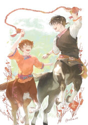  2boys :d absurdres arm_up black_vest brown_hair centaur chinese_new_year chinese_zodiac closed_eyes commentary_request hair_between_eyes highres hooves horse_tail looking_at_another male_focus monster_boy multiple_boys multiple_legs natsu_ao open_mouth orange_shirt original rearing red_sash sash shirt short_hair short_sleeves sidelocks smile standing tail taur teeth twitter_username upper_teeth_only vest white_shirt wristband year_of_the_horse 
