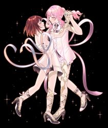  1girl 1other akiyama_mizuki back_ribbon black_background black_nails black_ribbon body_jewelry brown_hair buttons closed_eyes closed_mouth collared_shirt colored_shoe_soles commentary crystal_hair dancing drill_hair drill_ponytail drill_sidelocks english_commentary fingernails frilled_shorts frills full_body gem glowing glowing_hair gold grey_gem grey_nails grey_ribbon hand_on_another's_back high_heels high_side_ponytail highres kitten_heels light_blush light_smile medium_hair multicolored_nails multicolored_ribbon mutu_(25love) nail_polish official_alternate_costume orange_ribbon other_with_female parted_lips pink_hair pink_ribbon ponytail profile project_sekai ribbon ribbon_shoes shinonome_ena shirt shoe_soles shoes short_hair shorts sidelocks sparkle standing standing_on_one_leg tearing_up tears u_u utakata_ni_idakarete_(project_sekai) white_ribbon white_shirt white_shorts 