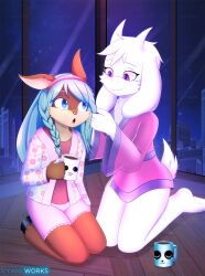 2022 2d 2girls aged_down animal_ears anthro aqua_eyes aqua_hair artist_name barefoot body_fur cardigan commentary commission cup cyaneworks deer deer_ears deer_girl digital_media drink droopy_ears duo english_commentary fangs female floppy_ears floral_print furry furry_female goat goat_ears goat_girl goat_horns goat_tail hairband holding holding_cup holding_drink hooves horns kneeling long_hair long_sleeves mammal monster monster_girl mug multiple_girls night night_sky original original_character pink_hairband pink_robe pink_shorts print_cardigan robe shorts simple_background sky tail tail_tuft toriel undertale utdr_(toby_fox) violet_eyes white_background white_cardigan white_fur white_horns