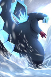  baxcalibur blue_spine claws colored_sclera commentary_request dragon fangs from_behind highres no_humans open_mouth pokemon pokemon_(creature) pokemon_focus red_claws rumine_(yoshi1234567) skin_fangs snow spines tail yellow_eyes yellow_sclera 