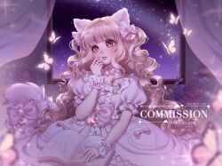  1girl \||/ aegyo_sal animal_ear_fluff animal_ears artist_name backlighting bare_arms blonde_hair bloom blurry blurry_foreground blush book book_on_lap bow bow_choker bowtie breasts bright_pupils brown_eyes bug butterfly cat_ears center_frills choker closed_mouth collarbone commentary commission cross-eyed cross-laced_clothes cross-laced_dress curly_hair curtains dress english_commentary fake_animal_ears fingernails floral_background frilled_bow frilled_choker frilled_dress frilled_sleeves frilled_wrist_cuffs frills gem glowing_butterfly hair_bow hair_intakes hand_on_own_cheek hand_on_own_face hand_up heart heart-shaped_gem heart-shaped_pupils heart_in_eye highres indoors leaf light_particles long_hair marellowe night open_book original pearl_hair_ornament pink_bow pink_bowtie pink_butterfly pink_choker pink_dress pink_gem pink_lips puffy_short_sleeves puffy_sleeves purple_sky see-through_curtains short_sleeves sidelocks sitting sky small_breasts solo sparkle symbol-shaped_pupils symbol_in_eye tareme two_side_up upper_body very_long_hair watermark white_pupils window wrist_cuffs 