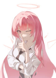  1girl ;) absurdres arknights black_necktie closed_mouth collared_shirt commentary_request detached_wings finger_to_mouth halo highres kalelife24 korean_commentary lemuen_(arknights) long_hair looking_at_viewer necktie one_eye_closed pink_hair pink_halo shirt shushing simple_background smile solo traditional_halo upper_body white_background white_shirt wings 