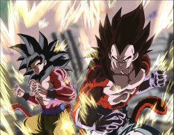 black_hair blue_sash body_fur clenched_hands commentary_request dougi dragon_ball dragon_ball_gt dragon_ball_z_dokkan_battle long_hair male_focus monkey_boy monkey_tail multiple_boys muscular muscular_male no_nipples pants pectorals red_fur saiyan sash smirk son_goku spiky_hair super_saiyan super_saiyan_4 tail user_jpsp3828 vegeta yellow_pants 