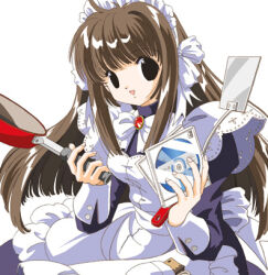  1girl apron bad_id black_dress black_eyes blunt_bangs bow bowtie brown_hair cd cd_case dress frying_pan hands_up holding holding_cd holding_frying_pan holding_spatula long_hair looking_at_viewer lowres maid maid_headdress no_pupils open_mouth original simple_background sleeve_cuffs smile solo spatula sudami upper_body white_apron white_background white_bow white_bowtie 