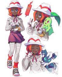  1girl absurdres alternate_costume alternate_skin_color arnaud_tegny bracelet bucket_hat chikorita closed_mouth commentary dark-skinned_female dark_skin double_v eyelashes fishnet_pantyhose fishnets gloves grey_eyes harmony_(pokemon) hat highres jewelry meowstic meowstic_(male) orange_hair orange_socks pantyhose partially_fingerless_gloves pokemon pokemon_(creature) pokemon_legends:_z-a pokemon_on_arm purple_skirt ribbed_socks rotom rotom_phone shoes skirt smile sneakers socks v white_gloves white_hat 