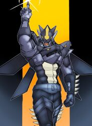  1boy arm_up armor black_armor black_helmet cowboy_shot duel_monster helmet highres kamen_rider kamen_rider_kabuto_(series) masked_hero_dark_law moltengates solo yellow_background yu-gi-oh! 