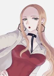  1girl black_choker blonde_hair breasts business_suit choker coat commentary_request earrings green_eyes hexagon_earrings highres hoop_earrings jewelry long_hair marumi_(im_60z) medium_breasts oleana_(pokemon) pokemon pokemon_swsh red_lips red_shirt shirt solo suit upper_body white_coat 