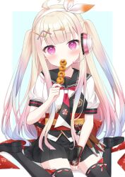  1girl ahoge arm_guards between_legs black_sailor_collar black_shoes black_skirt black_thighhighs blue_background blue_hair border brown_hair commentary commission eating food gradient_hair hair_ornament hairband hairclip hand_between_legs head_tilt headphones headset highres holding holding_food kinakon kunai long_hair looking_at_viewer multicolored_hair obi original pink_hair pleated_skirt puffy_short_sleeves puffy_sleeves ribbon-trimmed_thighhighs ribbon_trim sailor_collar sash school_uniform serafuku shirt shoes short_sleeves sitting skeb_commission skirt solo thigh-highs two_side_up untranslatable_commentary very_long_hair violet_eyes wariza weapon white_border white_hairband white_shirt x_hair_ornament 