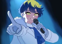  1girl ascot black_background blonde_hair blue_ascot blue_background blue_hair blush boku_no_hero_academia box cape commentary fur-trimmed_cape fur_trim highres holding holding_microphone jacket microphone multicolored_hair shirt short_hair smile solo spotlight suit sweat thirteen_(boku_no_hero_academia) user_kvgz8735 white_jacket white_shirt white_suit yellow_eyes 