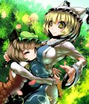  animal_ears blonde_hair brown_eyes brown_hair cat_ears chen fox_tail hat hug impossible_clothes impossible_clothing multiple_girls multiple_tails short_hair tail touhou umigarasu_(artist) umigarasu_(kitsune1963) wink yakumo_ran yellow_eyes 