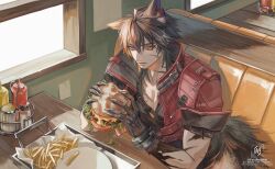  animal_ear_fluff animal_ears arknights arknights:_endfield belt black_shirt booth_seating brown_belt brown_hair burger chest_belt closed_mouth diner fatalbug896 food french_fries highres holding holding_burger holding_food indoors jacket ketchup_bottle looking_to_the_side multiple_scars mustard_bottle open_clothes open_jacket parted_bangs pepper_shaker plate red_jacket salt_shaker scar scar_on_arm scar_on_cheek scar_on_chest scar_on_face scar_on_neck shirt sideways_glance sleeve_cuffs tail tray watermark window wolf_boy wolf_ears wolf_tail wulfgard_(arknights) 