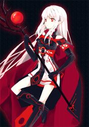  cape elbow_gloves gloves long_hair pixiv_fantasia pixiv_fantasia_5 pointy_ears red_eyes solo staff white_hair zeko 