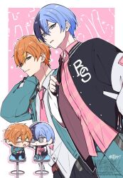  2boys aoyagi_touya aqua_pants belt belt_buckle black_pants blonde_hair blue_hair blush buckle buttons chair chibi closed_eyes closed_mouth collared_shirt crossed_arms dutch_angle earrings feeding green_eyes grey_eyes hair_between_eyes hand_up jacket jewelry layered_clothes looking_at_viewer male_focus mole mole_under_eye multicolored_hair multiple_boys multiple_views necktie nnhr_(7748ru) official_alternate_costume on_chair open_clothes open_jacket open_mouth orange_hair outline pants pink_necktie pink_shirt plate project_sekai shinonome_akito shirt shirt_partially_tucked_in short_hair sitting smile split-color_hair streaked_hair twitter_username two-tone_hair watermark white_background white_outline white_shirt wing_collar 