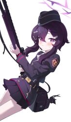  1girl belt black_bag black_hat black_skirt blue_archive commentary_request dogee_(ch_dh0408) fabarm_fp6 garrison_cap gun hair_between_eyes halo haruka_(blue_archive) hat highres holding holding_gun holding_weapon juliet_sleeves long_hair long_sleeves looking_at_viewer pleated_skirt puffy_sleeves pump_action purple_hair purple_halo shotgun simple_background skirt solo violet_eyes weapon white_background 