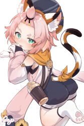  1girl absurdres animal_ears black_shorts closed_mouth commentary diona_(genshin_impact) genshin_impact green_eyes highres licking licking_hand looking_at_viewer medium_hair omu_(omu2627) paw_pose pink_hair shirt short_eyebrows shorts socks solo tail tiger_ears tiger_girl tiger_tail tongue tongue_out untranslatable_commentary white_background white_shirt white_socks 