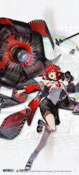  1girl ;d absurdres ahoge asymmetrical_footwear baijin_(xinyue_tongxing) bare_shoulders black_choker black_skirt breasts camera chinese_commentary choker coat commentary_request copyright_name copyright_notice film_strip flower full_body grey_background hair_flower hair_ornament highres holding holding_camera id_card jewelry leg_up logo looking_to_the_side medium_breasts miniskirt mismatched_footwear necklace official_art one_eye_closed open_mouth orange_eyes photo_(object) radio_antenna red_coat red_hair sandals shirt short_hair skirt sleeveless sleeveless_shirt smile socks solo standing standing_on_one_leg teeth turning_head upper_teeth_only white_shirt white_socks xinyue_tongxing 