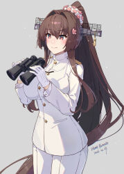 1girl alternate_costume binoculars breasts brown_hair cherry_blossoms commentary_request epaulettes flower gloves grey_background hair_between_eyes hair_flower hair_intakes hair_ornament headgear highres himeyamato holding holding_binoculars huge_breasts jacket kantai_collection long_hair military_uniform naval_dress_uniform naval_uniform pants ponytail red_eyes revision sidelocks simple_background smile solo very_long_hair white_gloves white_jacket white_pants yamato_(kancolle) 